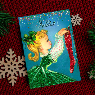 Vintage Kerst rode sokken glitter meisje monogram Kaart