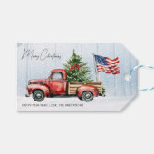 Vintage Kerst Rode Vrachtwagen Patriottische Vlag  Cadeaulabel (Voorkant (Horizontaal))