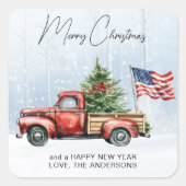 Vintage Kerst Rode Vrachtwagen Patriottische Vlag  Vierkante Sticker (Voorkant)