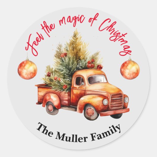 Vintage Kerst Rode Vrachtwagen Waterverf Ronde Sticker (Voorkant)