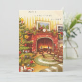 Vintage kerst rond de open haard feestdagenkaart (Staand voorkant)