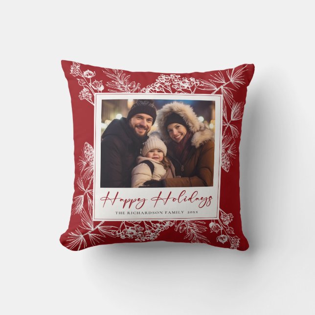 Vintage Kerst Rood Botanisch Kussen (Voorkant)