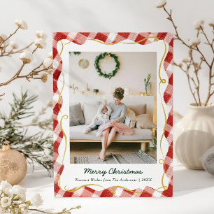 Vintage Kerst Rood Gingham Patroon 1 Foto Feestdagenkaart