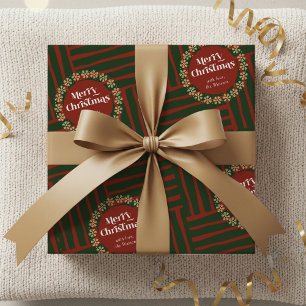 Vintage Kerst Rood Groen Plakken Familienaam Cadeaupapier