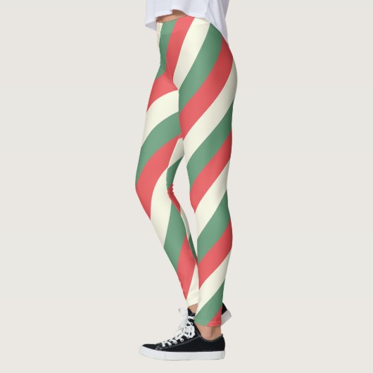 Vintage Kerst Rood Groen Wit Verticaal Gestreept Leggings (Links)