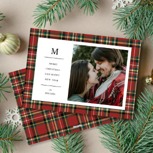 Vintage Kerst Rood Plakken Monogram Eén Foto Feestdagenkaart
