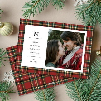 Vintage Kerst Rood Plakken Monogram Eén Foto Feestdagenkaart