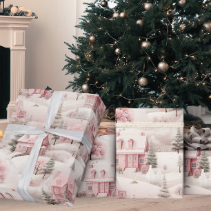 Vintage Kerst Roze Sneeuw Dorp Vakantie Cadeaupapier