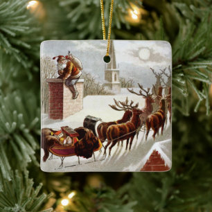 Vintage kerst, sinterklaas op het dak keramisch ornament