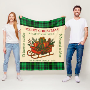 Vintage Kerst slee met cadeaus en ruit Fleece Deken