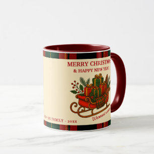 Vintage Kerst slee met cadeaus en ruitjespatroon  Mok