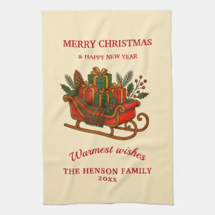 Vintage Kerst slee met cadeaus Theedoek