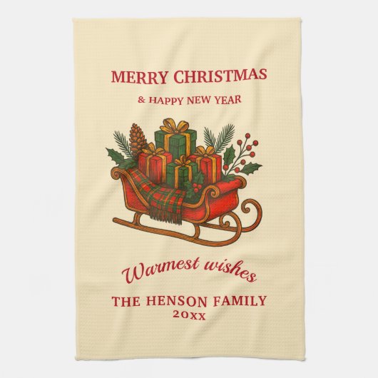 Vintage Kerst slee met cadeaus Theedoek (Verticaal)