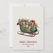 Vintage kerst slee met geschenken en groen feestdagenkaart (Voorkant)