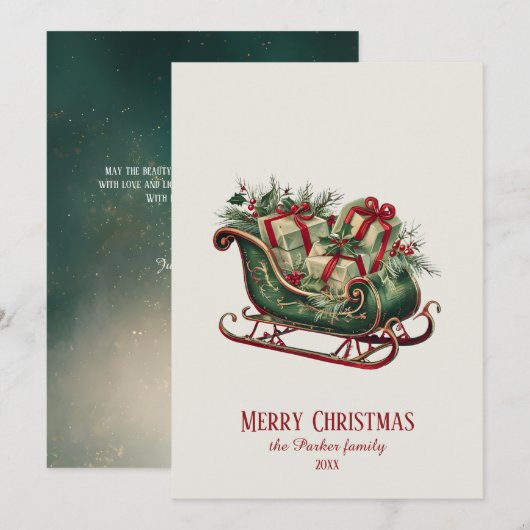 Vintage kerst slee met geschenken en groen feestdagenkaart (Voorkant / Achterkant)