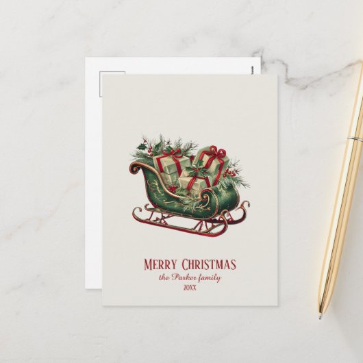 Vintage kerst slee met geschenken en groen feestdagenkaart (Voorkant / Achterkant in situ)