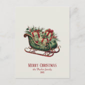 Vintage kerst slee met geschenken en groen feestdagenkaart (Voorkant)