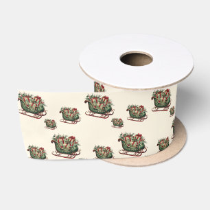 Vintage kerst slee met geschenken en groen satijnen lint