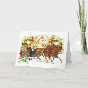 Vintage kerst slee paarden feestdagen kaart