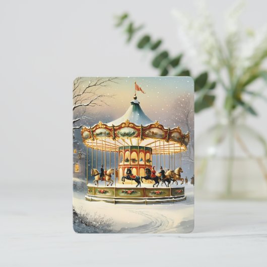 Vintage kerst sneeuw carrousel feestdagenkaart (Staand voorkant)