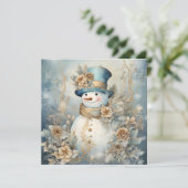 Vintage Kerst Sneeuwman Blauw en Goud Feestdagenkaart (Staand voorkant)