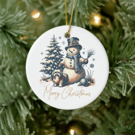 Vintage Kerst Sneeuwman en hond Keramisch Ornament
