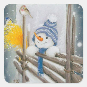 Vintage Kerst Sneeuwman en vogel Vierkante Sticker