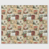 Vintage Kerst Sneeuwman Ephemera Collage Cadeaupapier (Vlak)