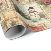 Vintage Kerst Sneeuwman Ephemera Collage Cadeaupapier (Rol Hoek)