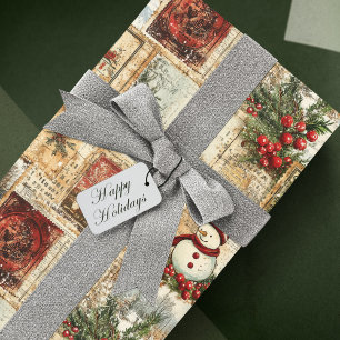Vintage Kerst Sneeuwman Ephemera Collage Cadeaupapier