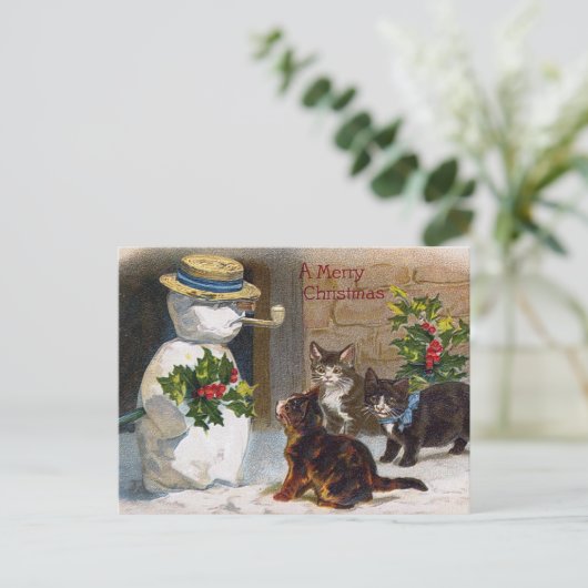 Vintage Kerst Sneeuwman & Kittens Kaart (Staand voorkant)