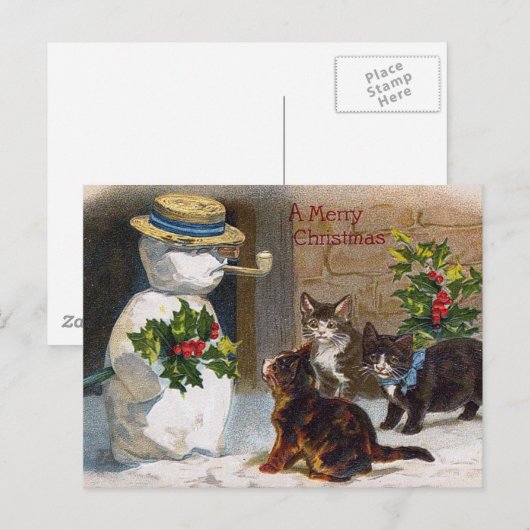 Vintage Kerst Sneeuwman & Kittens Kaart (Voorkant / Achterkant)