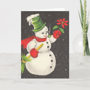 Vintage kerst sneeuwman met bloem feestdagen kaart