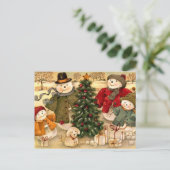 Vintage kerst, sneeuwpop familie feestdagenkaart (Staand voorkant)