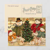 Vintage kerst, sneeuwpop familie feestdagenkaart (Voorkant / Achterkant)