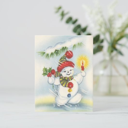 Vintage kerst sneeuwpop vakantie briefkaart (Staand voorkant)