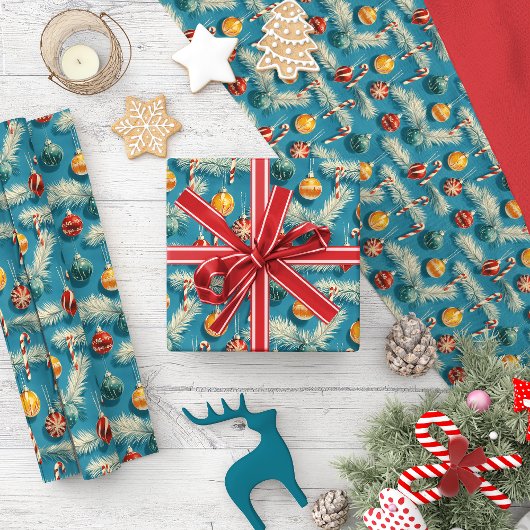 Vintage Kerst: snoep Canes & Ornamenten Cadeaupapier