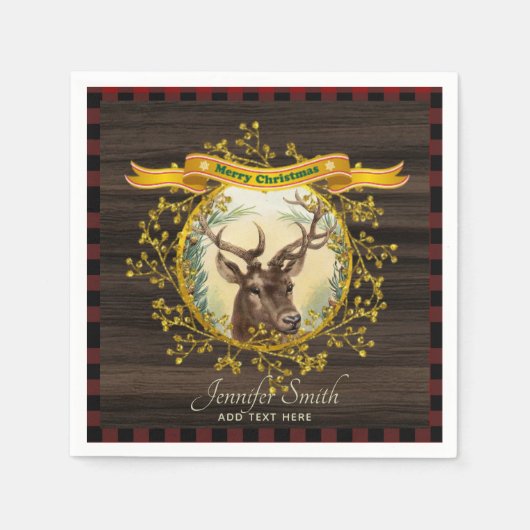 Vintage Kerst Stag Buffel Plaid Gepersonaliseerd Servet (Voorkant)