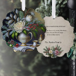 Vintage kerst Stilleven met Rozen en urn Ornament Kaart<br><div class="desc">Artistieke weergave van een oude meesterstijl olieverf op canvas bloemstilleven met witte bloei,  stoffig grijs groen gebladerte,  glasballetjes,  dennentakken en hulstbessen in een  keramische urn. Achterzijde is voorzien van complementaire bloemengrafische en bewerkbare tekst op een artisanale sepia achtergrond.</div>