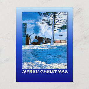 Vintage kerst, stomen door de sneeuw feestdagenkaart