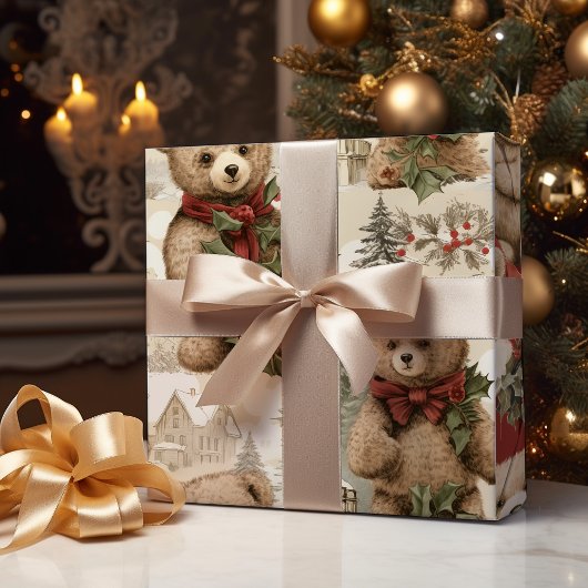 Vintage Kerst Teddy Bears Cadeaupapier