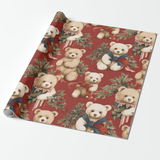 Vintage Kerst Teddy Bears Cadeaupapier (Uitgerold)