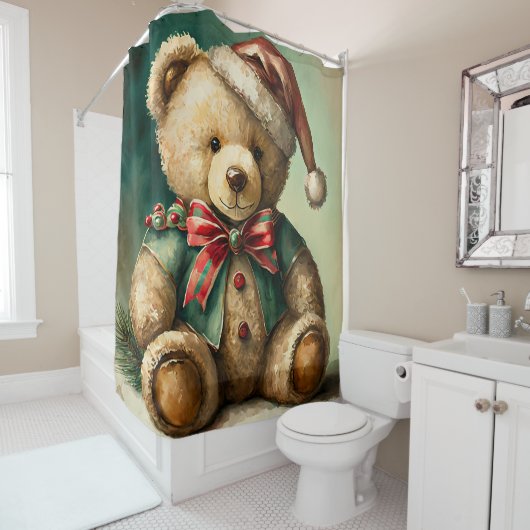 Vintage kerst teddybeer douchegordijn (In situ)