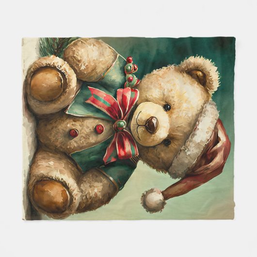 Vintage kerst teddybeer fleece deken (Voorkant (Horizontaal))