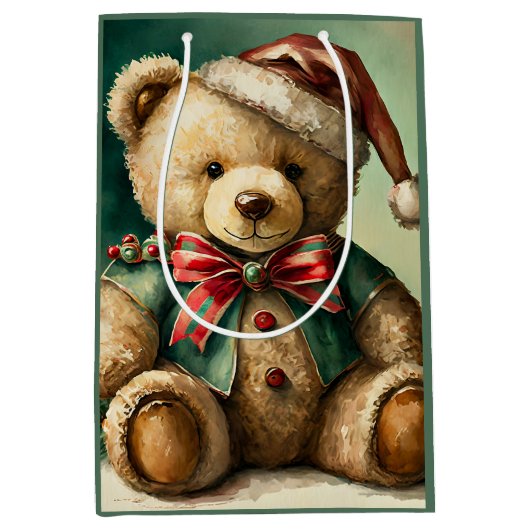 Vintage kerst teddybeer medium cadeauzakje (Voorkant)