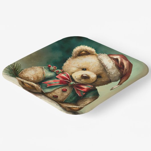 Vintage kerst teddybeer papieren bordje (Gebogen)