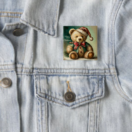 Vintage kerst teddybeer vierkante button 5,1 cm