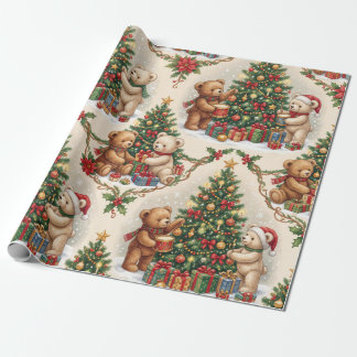 Vintage Kerst Teddyberen Versieren Boom Cadeaupapier
