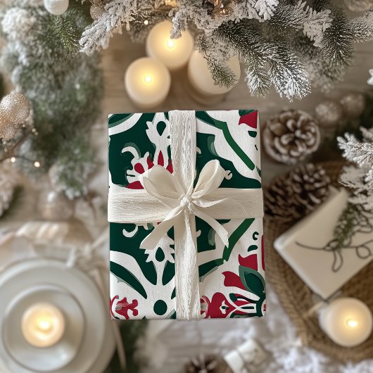 Vintage Kerst Tegel - Rood & Groen Cadeaupapier