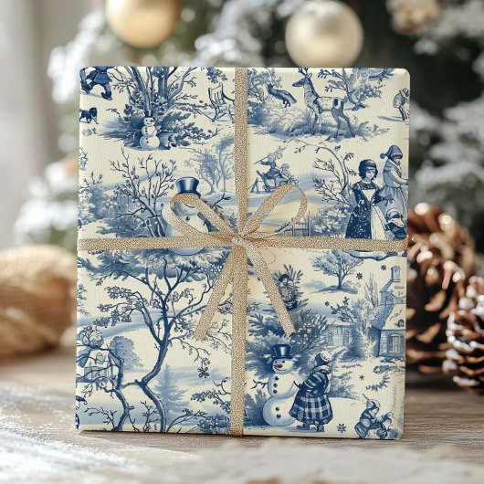 Vintage Kerst Toile Blauw Victoriaans Vakantie Cadeaupapier